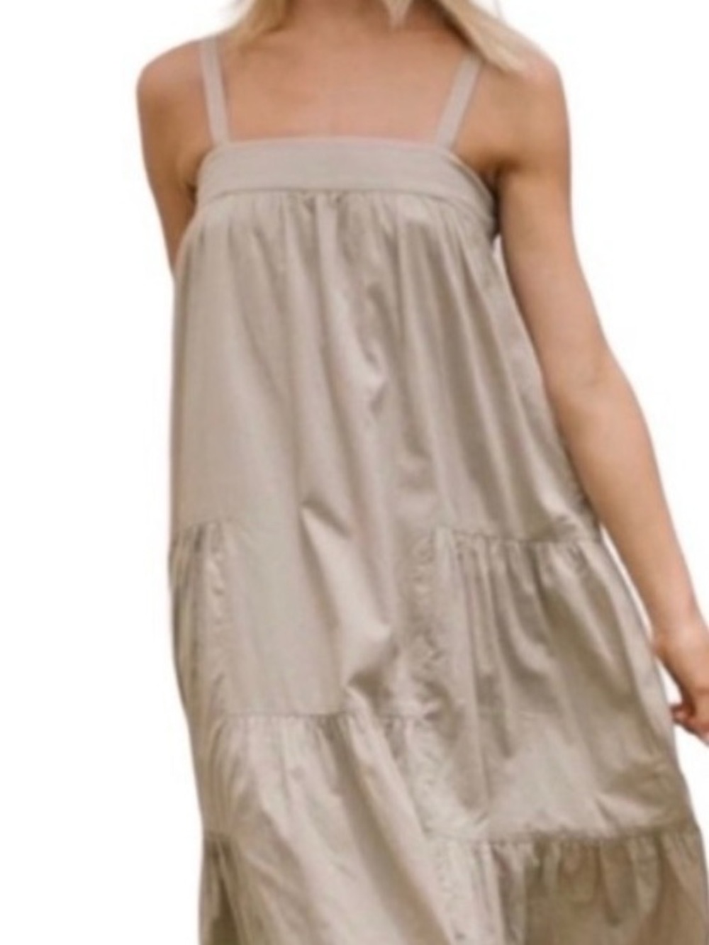 Jenni Layne summer dress tan sage beige Tiered Linen-Blend Sundress with Straps